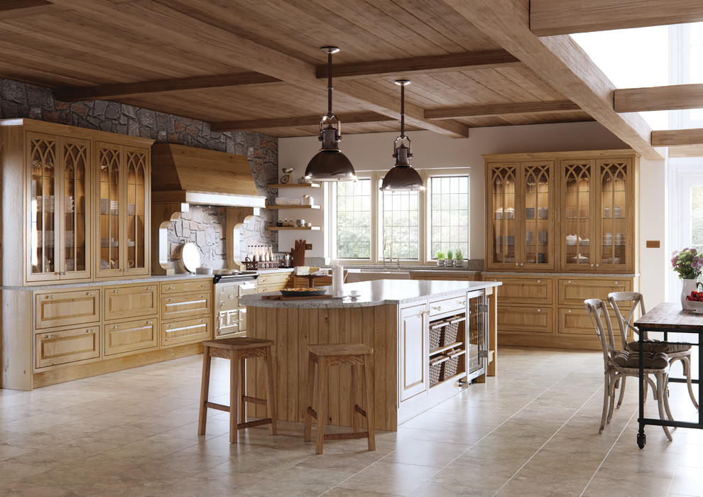 Large traditional l-shaped eat-in kitchen in Other with a farmhouse sink, recessed-panel cabinets, light wood cabinets and with island.