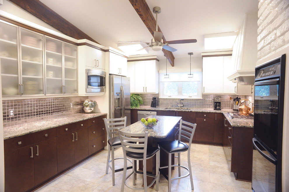 Inspiration for a large transitional u-shaped ceramic tile kitchen remodel with flat-panel cabinets, white cabinets and an island