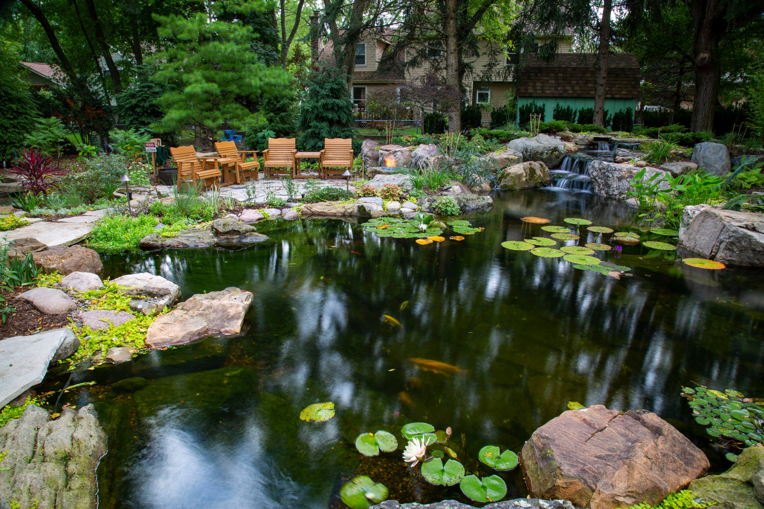 Outdoor Pond with Natural Stone Fire Pit