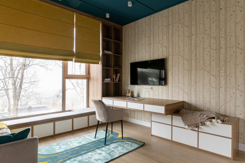This is an example of a large contemporary kids' playroom for kids 4-10 years old and girls in Other with beige walls, ceramic floors, beige floor, timber and wallpaper.