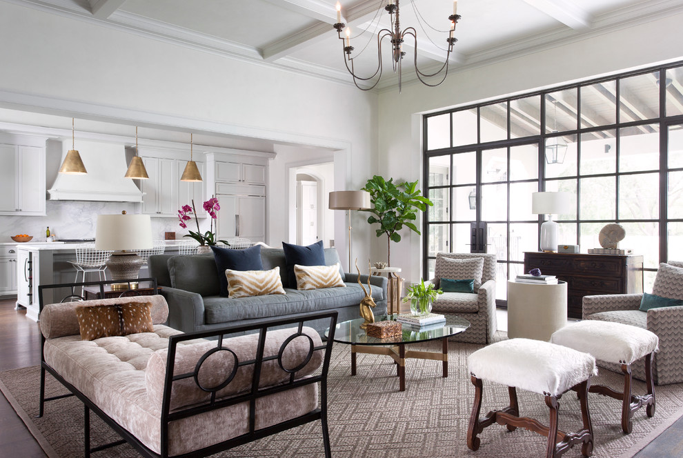 Design ideas for a transitional formal open concept living room in Austin with white walls.