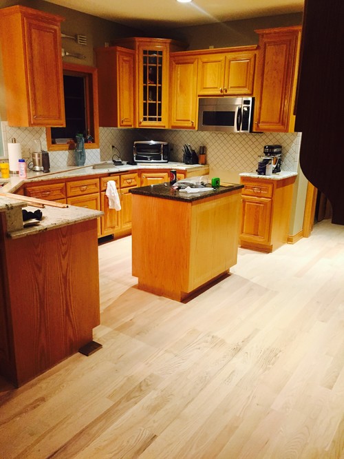 Please Help Me Pick A Stain Color For My Red Oak Floor The Wood Floor Covers Kitchen Eat In Foyer Office And Back Hall Our Staircase Is Golden Oak Too Here Are Some Pictures Of It Sanded Bare
