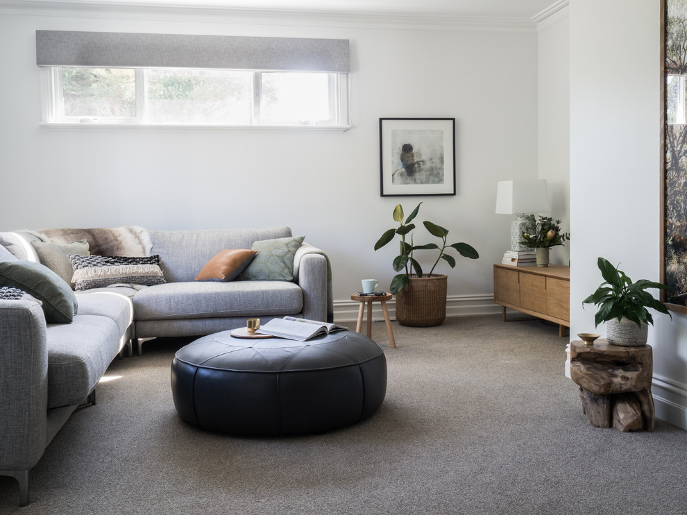 Photo of a mid-sized country formal open concept living room in Melbourne with white walls, carpet, no fireplace and a freestanding tv.