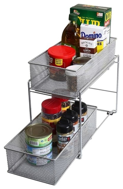 Silver 2 Tier Mesh Sliding Pantry Closet Spice And Sauces