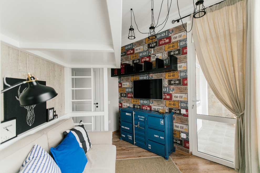 Design ideas for a small mediterranean kids' room for boys in Moscow with laminate floors, beige floor and white walls.