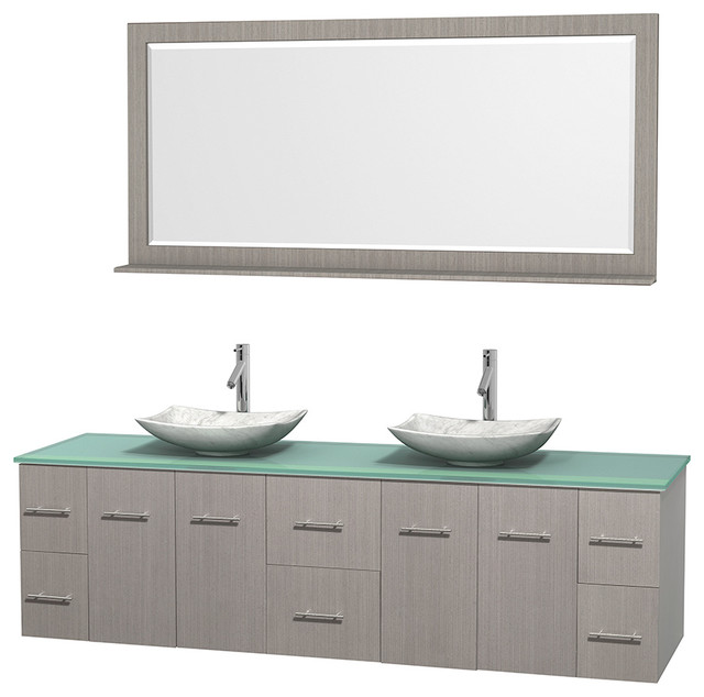 80 in. Double Bathroom Vanity in Gray Oak, Green Glass Countertop, Arista White