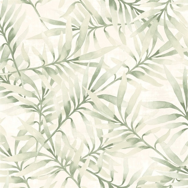 Tropical Watercolor Leaf Branch Wallpaper, Green, Sample