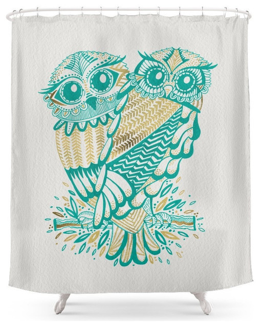 Owls Turquoise And Gold Shower Curtain Contemporary Shower