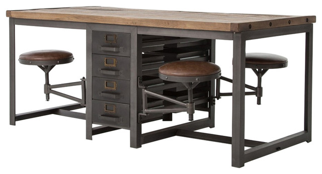 Bryson Rustic Work Table With 4 Leather Swing Chairs Fh595789 - Industrial - Dining Sets - by 