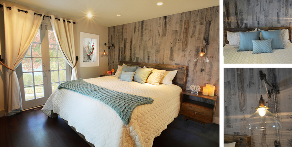 Kleines Stilmix Hauptschlafzimmer mit beiger Wandfarbe und dunklem Holzboden in Los Angeles