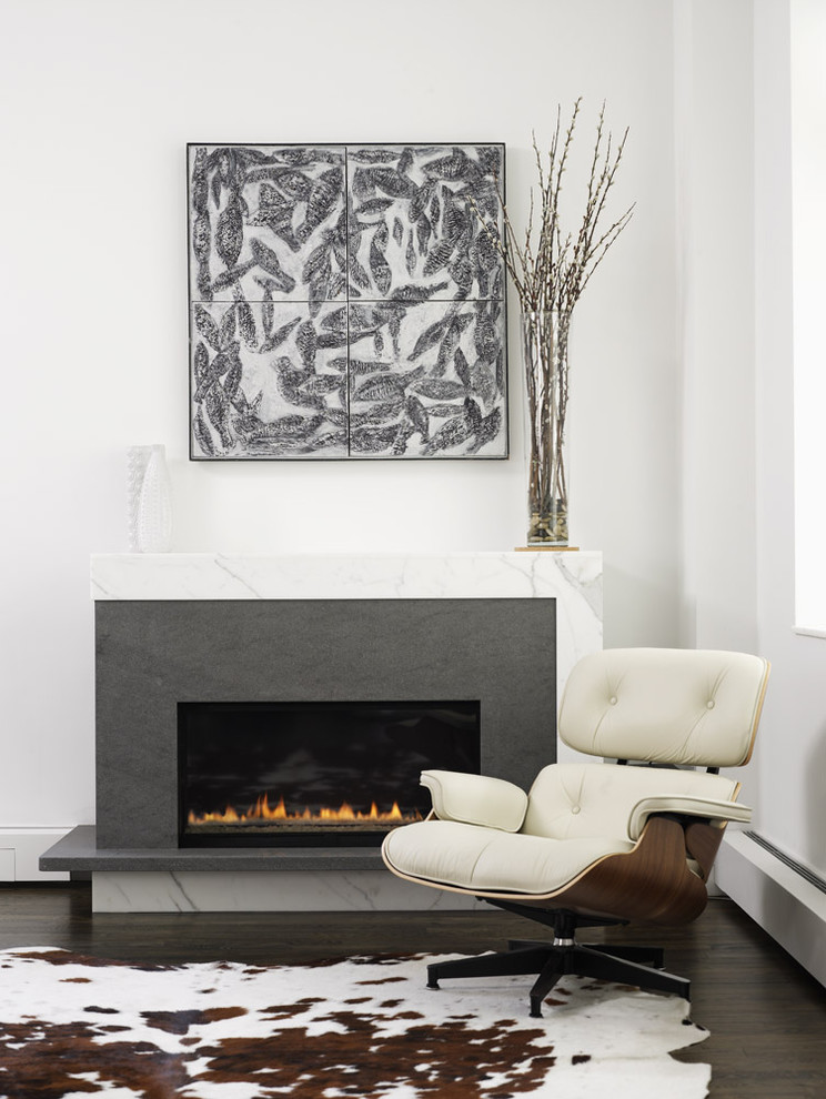 This is an example of a contemporary living room in New York with white walls and a ribbon fireplace.