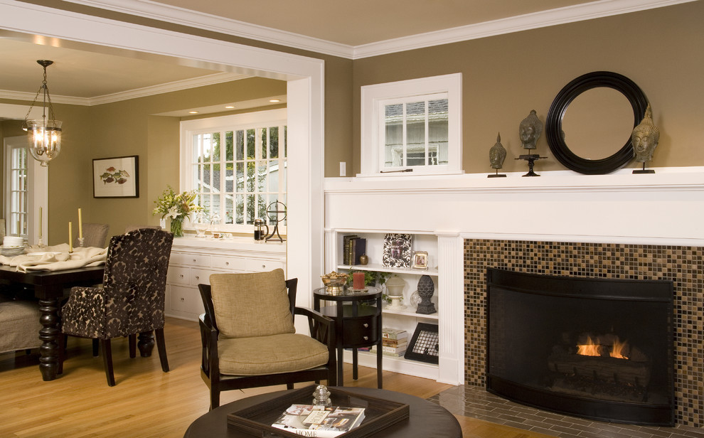 Traditional living room in Seattle with a tile fireplace surround.