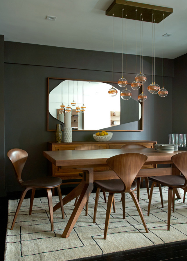 Design ideas for a mid-sized midcentury separate dining room in New York with brown walls and dark hardwood floors.