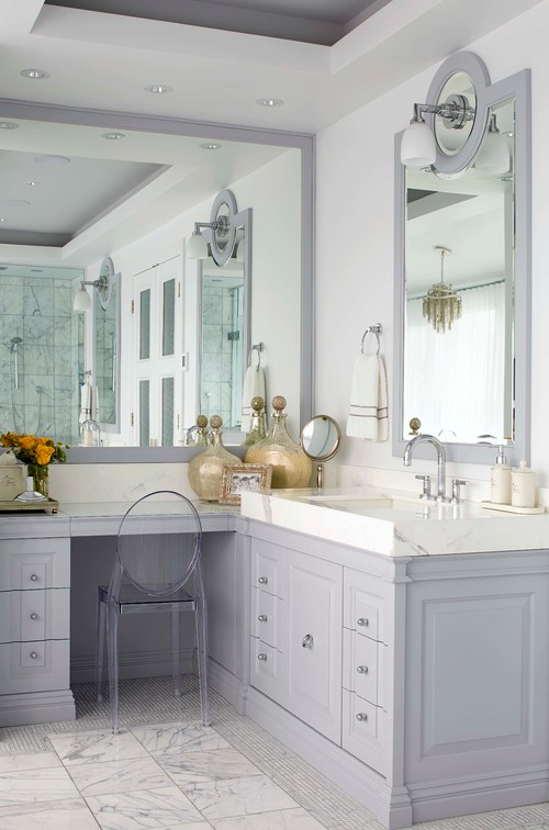 Cornering Style: Gray Bathroom Vanity Ideas with White Countertops