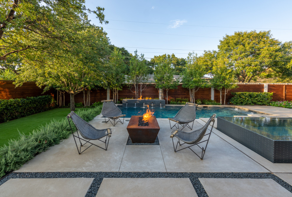 Inspiration for a large contemporary backyard garden in Dallas with a water feature.