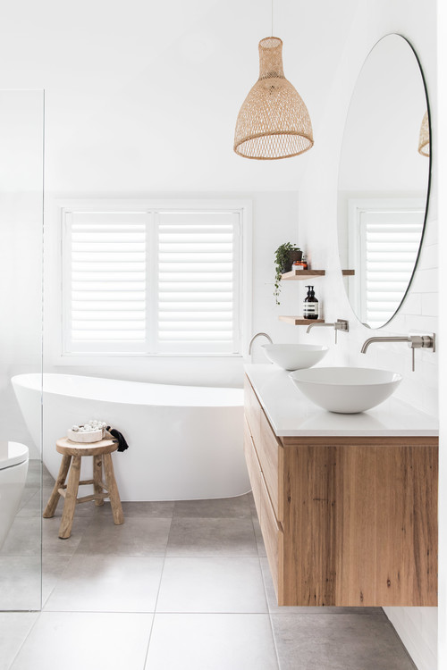 luxe coastal bathroom white and timber