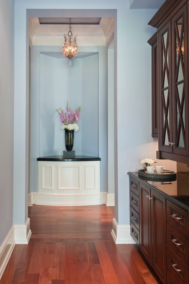 Photo of a mid-sized traditional hallway in Miami with blue walls, dark hardwood floors and red floor.