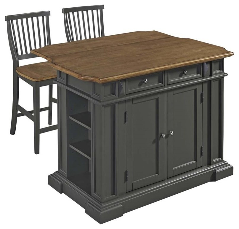 Pemberly Row Traditional Wood Kitchen Island with 2 Stools in Gray