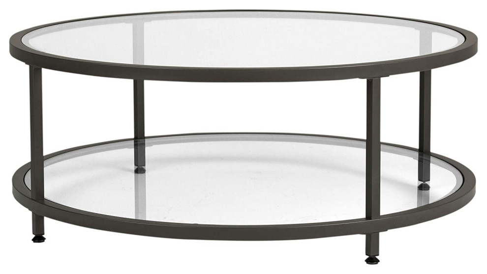Modern Coffee Table Pewter Metal Frame, Coffee Table Round Glass Top Black