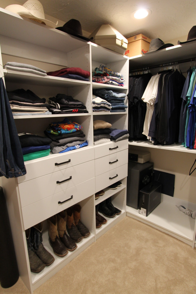 Built-in closet - large rustic men's carpeted built-in closet idea with open cabinets and white cabinets