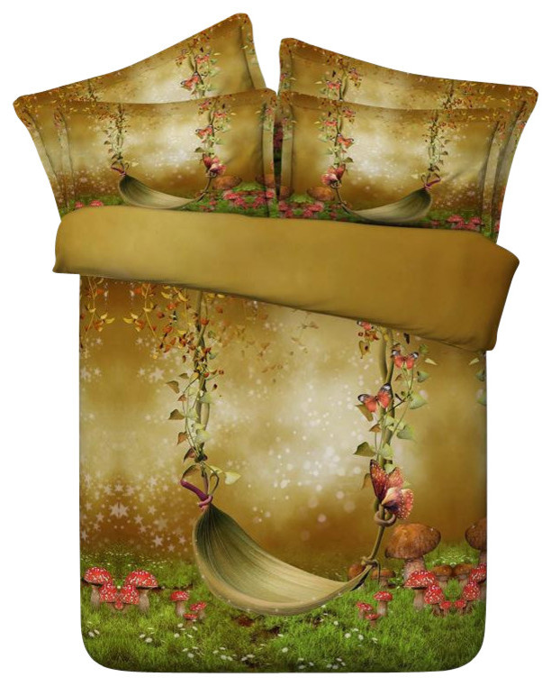 3D Bedding, Pink and Green Floral Escape, 4Piece Duvet Cover Set, Full