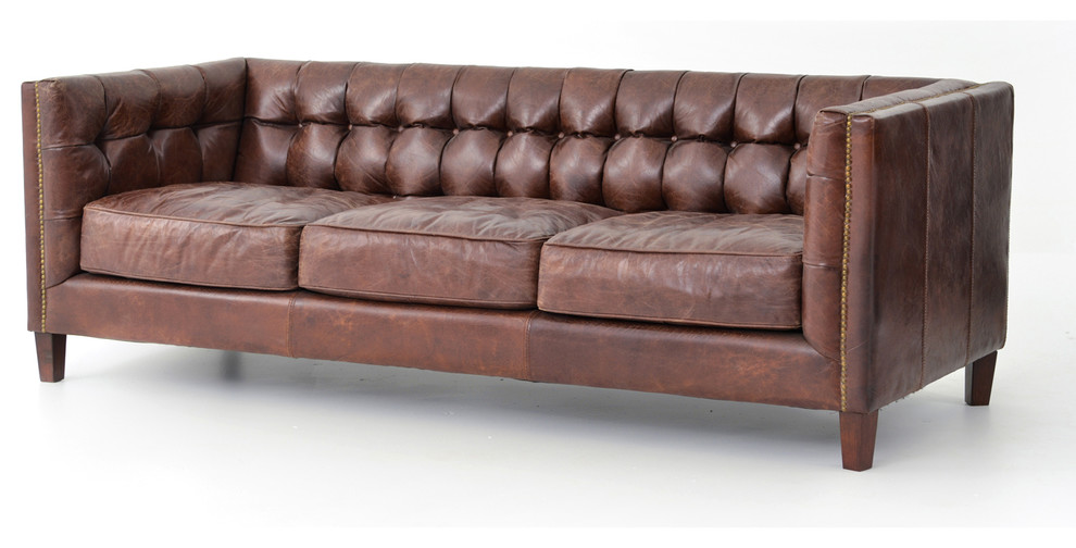84 L Sofa Aged Top Grain Leather Modern Traditional Tufted Cigar 84 L Sofa Aged Top Grain Leather