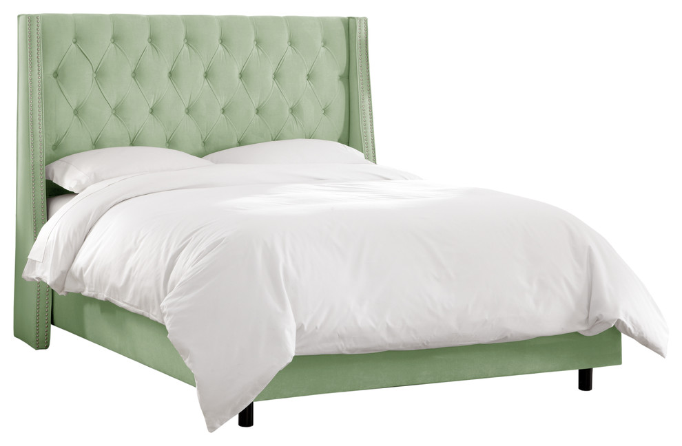 Williams Twin Nail Button Tufted Wingback Bed, Lulu Sage