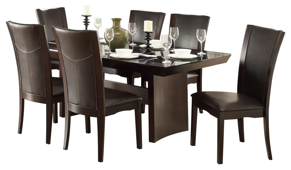 7 Piece Denstein Modern Dining Set 72 Glass Top Table 6 Chair Espresso Transitional Dining Sets By Amoc