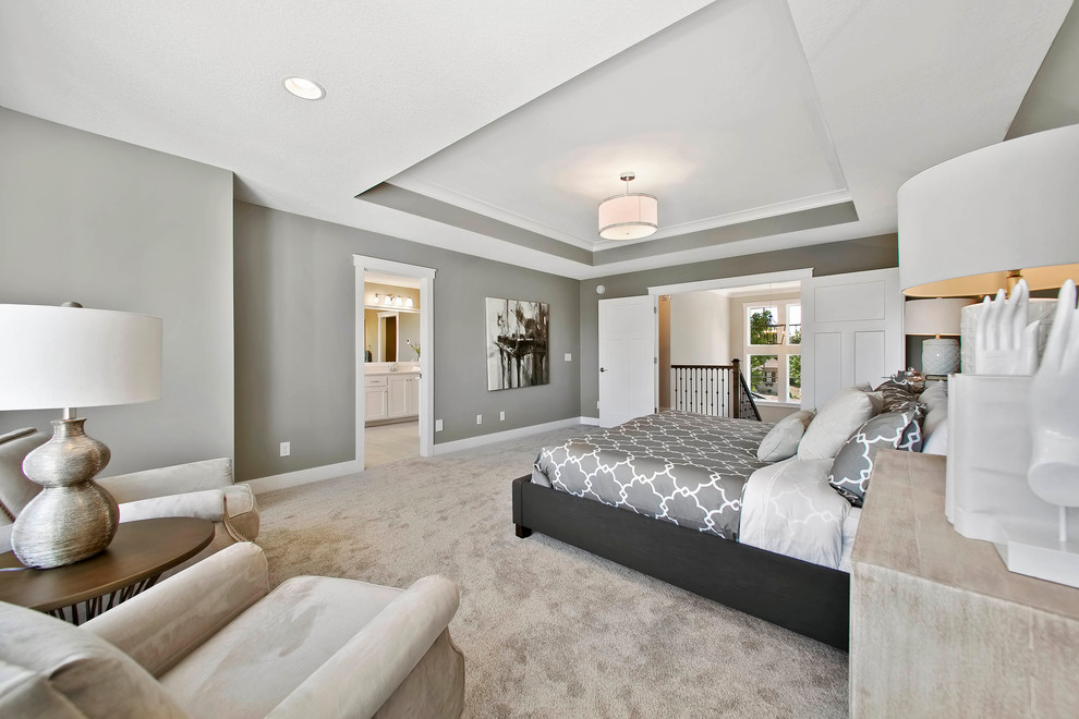 Photo of an expansive master bedroom in Minneapolis with grey walls, carpet and no fireplace.