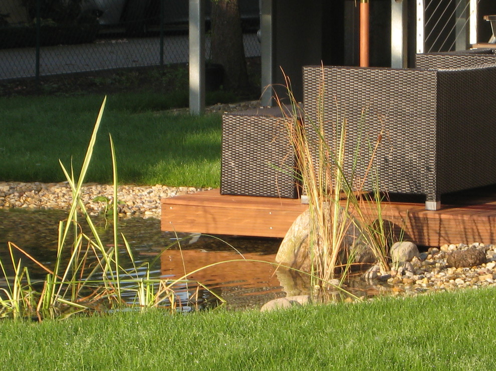 Geometrischer, Mittelgroßer Moderner Garten im Sommer, hinter dem Haus mit direkter Sonneneinstrahlung in Berlin