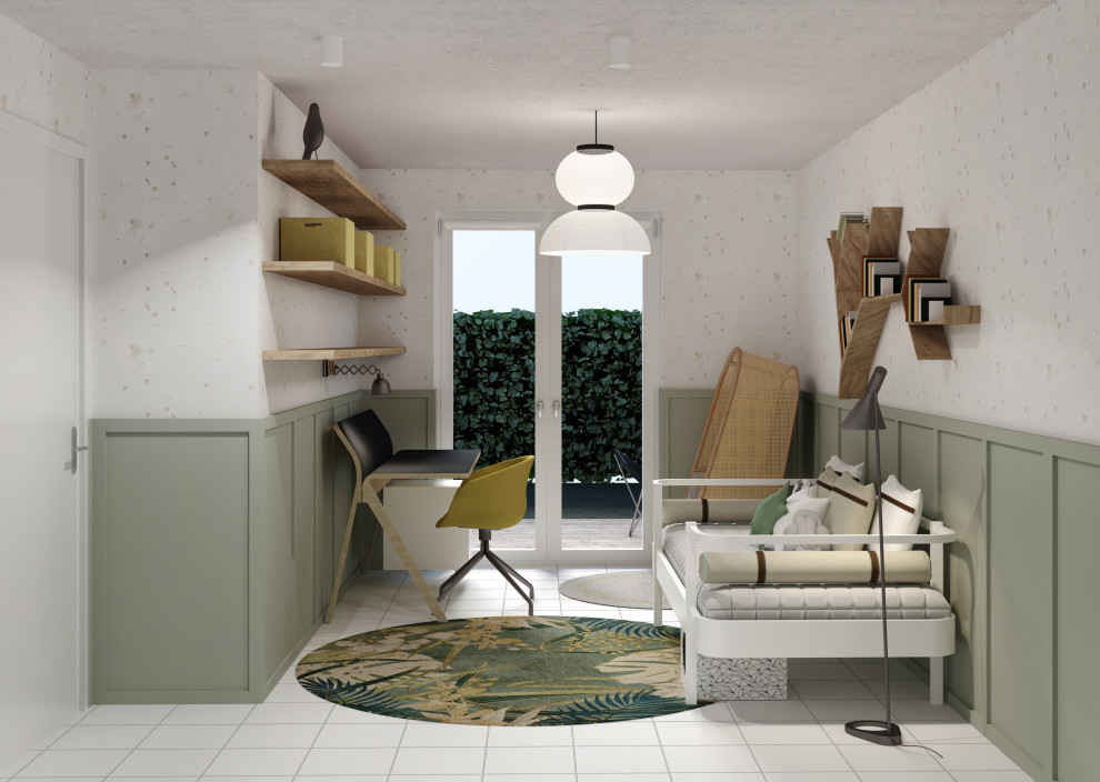Kleines Klassisches Kinderzimmer mit grüner Wandfarbe, Keramikboden und weißem Boden in München
