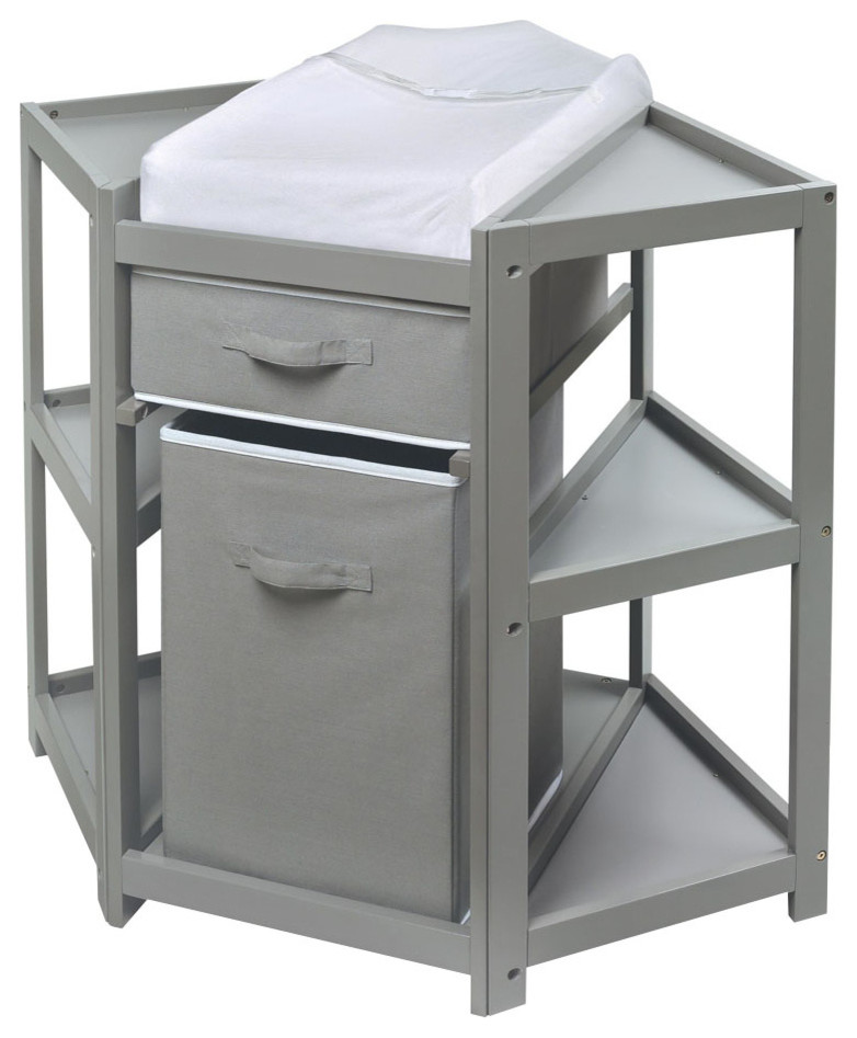 Diaper Corner Baby Changing Table With Hamper and Basket, Gray