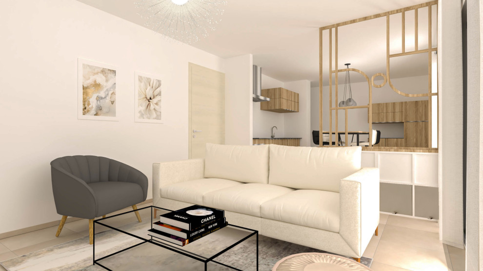 Design ideas for a mid-sized contemporary open concept living room in Lyon with white walls, ceramic floors, no fireplace, a freestanding tv and beige floor.