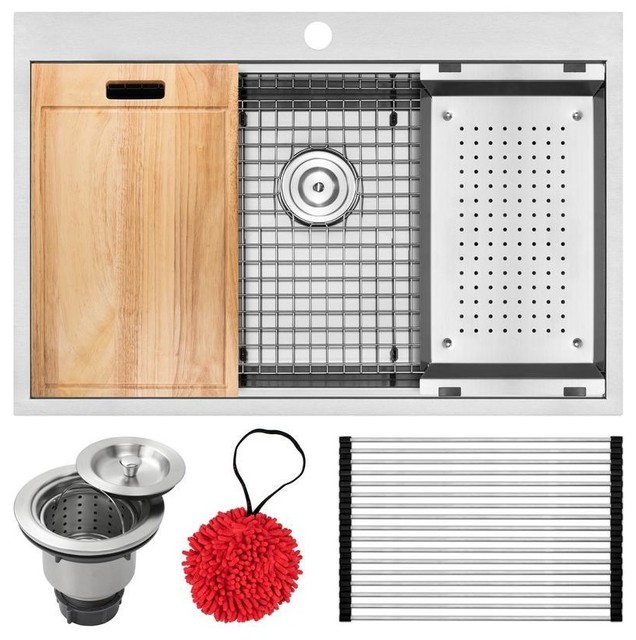 33" Zero Radius Drop-In 16G Stainless Steel 1-Hole Single Basin Kitchen Sink