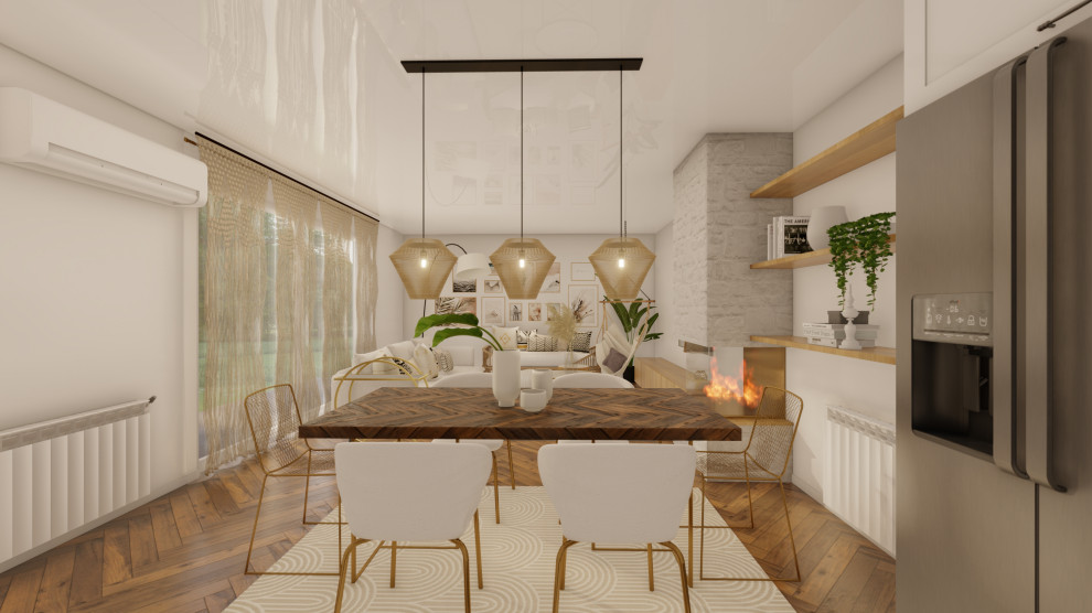 Medium sized bohemian open plan dining room in Madrid with white walls, vinyl flooring and brown floors.