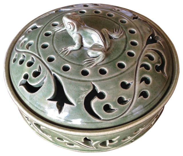 Green Ceramic Frog Incense Holder Bowl Asian Home Fragrances by
