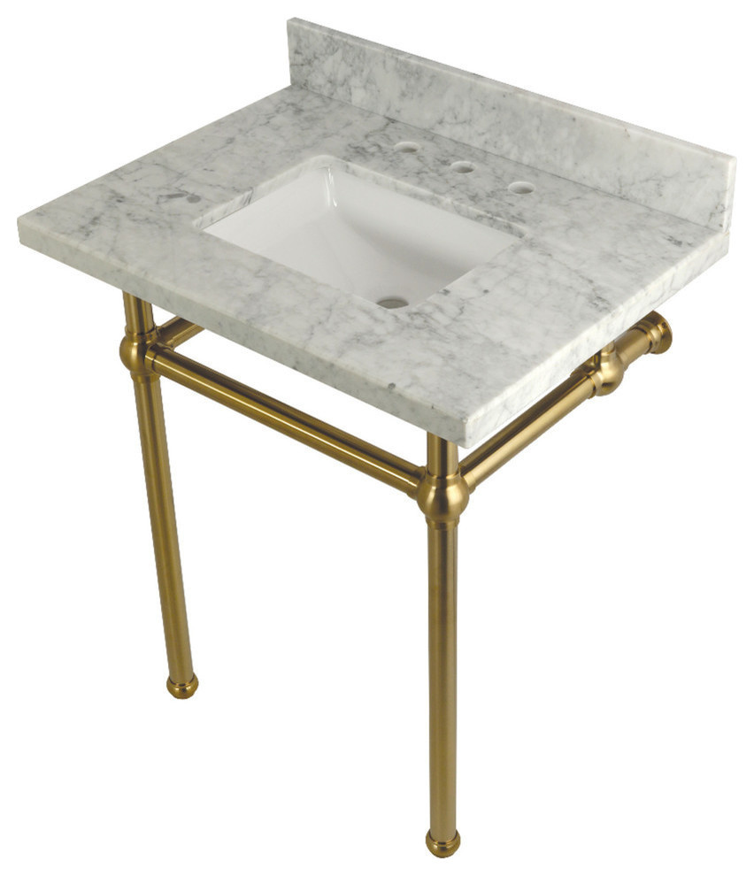 30X22 Marble Vanity Top w/Brass Console Legs, Carrara Marble/Brushed Brass