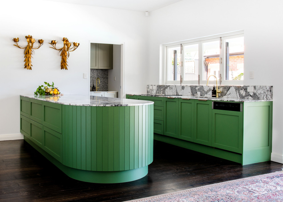 Inspiration for a mid-sized transitional galley kitchen pantry in Adelaide with an undermount sink, shaker cabinets, green cabinets, marble benchtops, multi-coloured splashback, marble splashback, brown floor and multi-coloured benchtop.