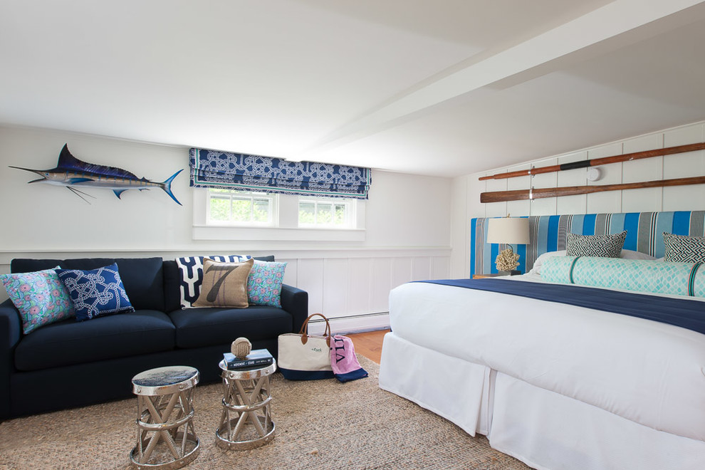 Photo of a beach style bedroom in Boston with white walls, light hardwood floors and no fireplace.