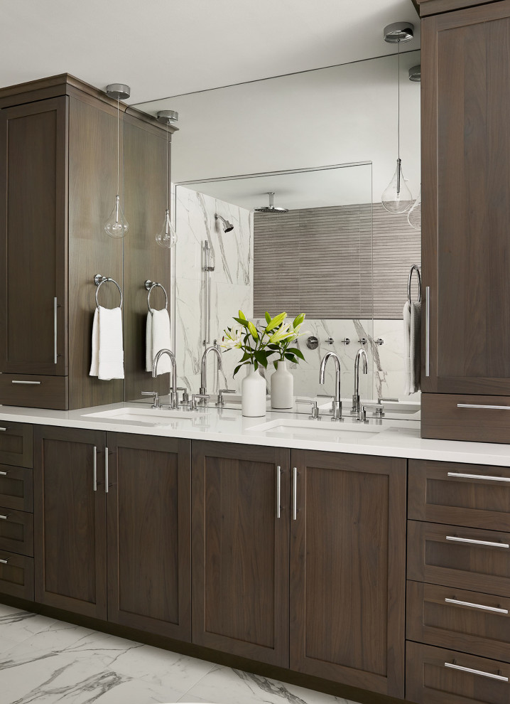 Inspiration for a large transitional wet room bathroom in Chicago with shaker cabinets, brown cabinets, a freestanding tub, multi-coloured tile, wood-look tile, porcelain floors, an undermount sink, engineered quartz benchtops, multi-coloured floor, white benchtops, a double vanity and a built-in vanity.