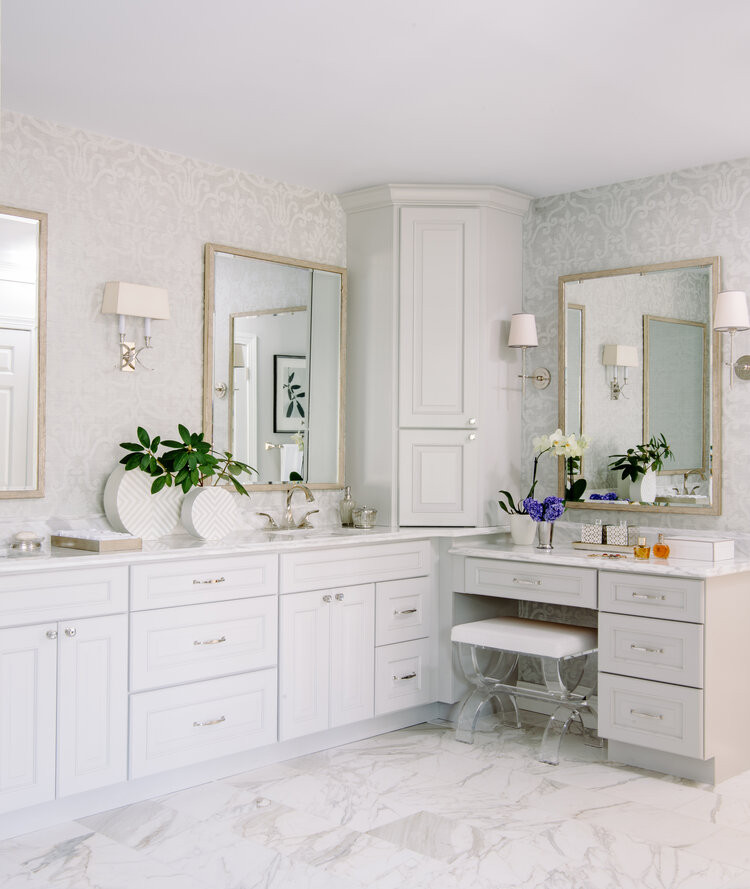 Design ideas for a mid-sized contemporary master wet room bathroom in Tampa with shaker cabinets, white cabinets, a freestanding tub, marble floors, an undermount sink, marble benchtops, turquoise benchtops, a double vanity and a built-in vanity.