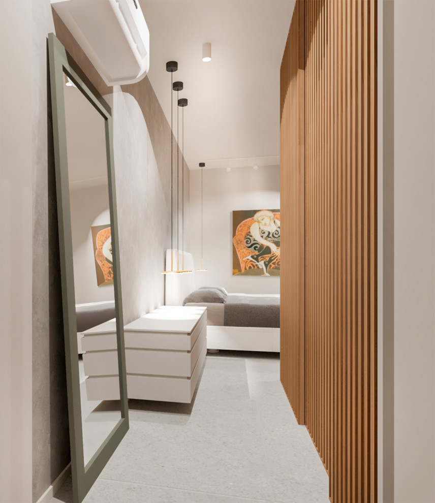 На фото: хозяйская спальня среднего размера в стиле модернизм с белыми стенами, полом из керамогранита и серым полом с