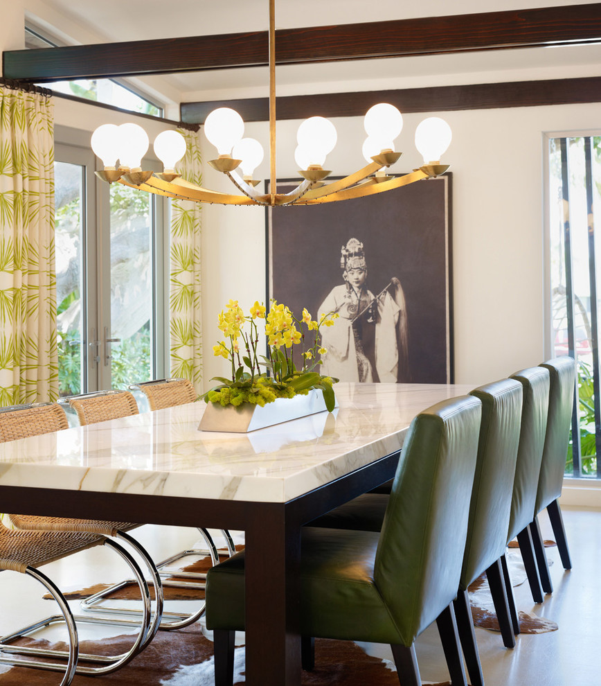 Dining room in Los Angeles with white walls.