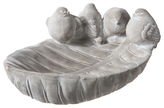 Cement Oval Leaf Bird Bath Figurine Concrete Gray Finish