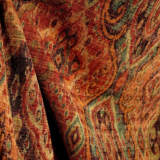 M9842 Rust Orange Green Black Tapestry Damask Upholstery Fabric