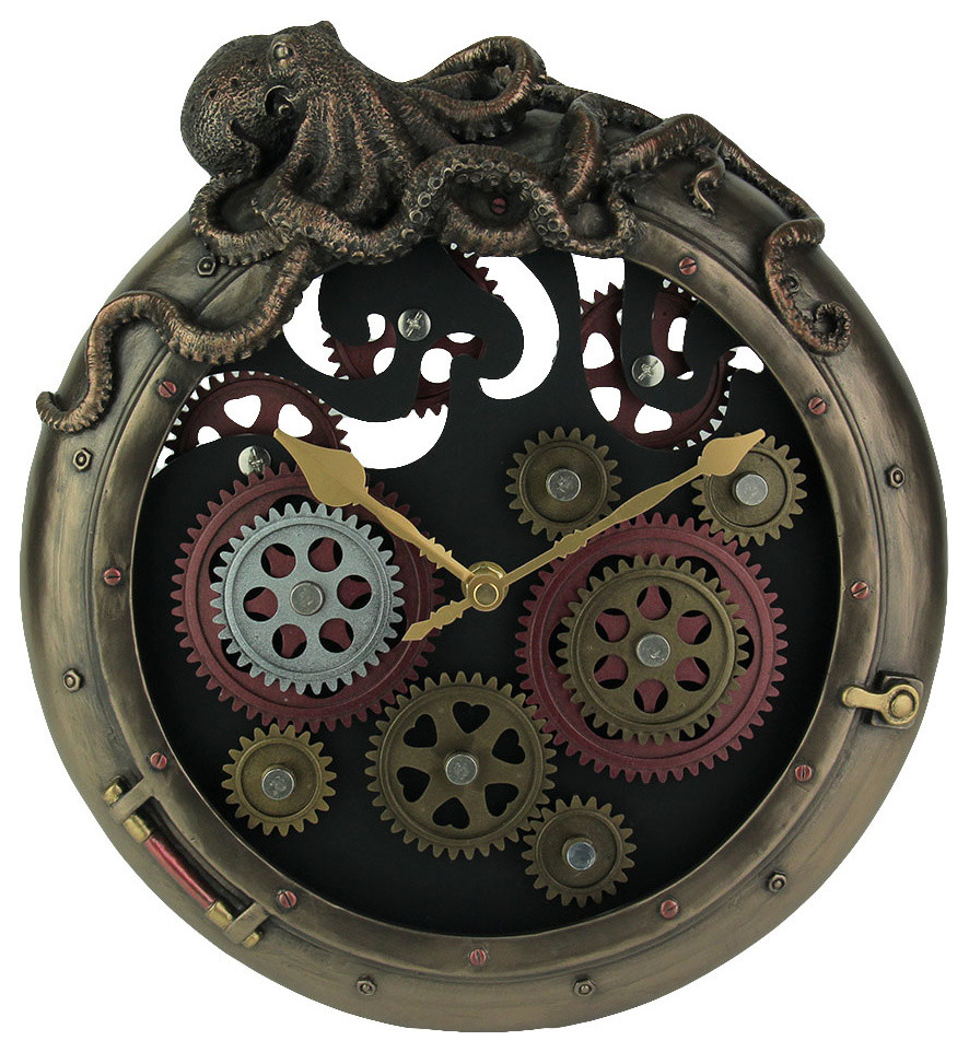 Steampunk Bronze Finish Octopus Porthole Wall Clock With Moving Gears