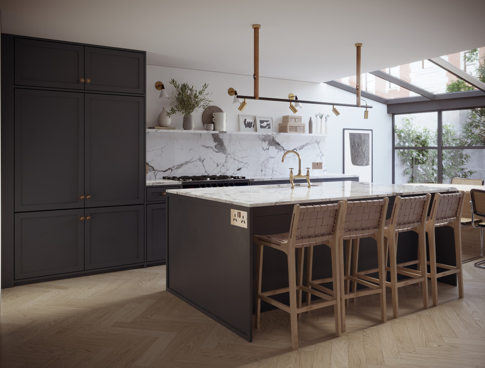 Photo of a mid-sized midcentury eat-in kitchen in Other with shaker cabinets, with island, grey cabinets, marble benchtops, white splashback, marble splashback, stainless steel appliances, medium hardwood floors, beige floor and white benchtop.