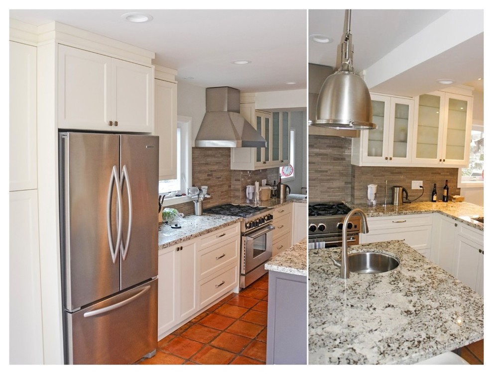 Example of a mid-sized transitional galley kitchen design in Toronto with an undermount sink, shaker cabinets, white cabinets, solid surface countertops, beige backsplash, stone tile backsplash, stainless steel appliances and a peninsula