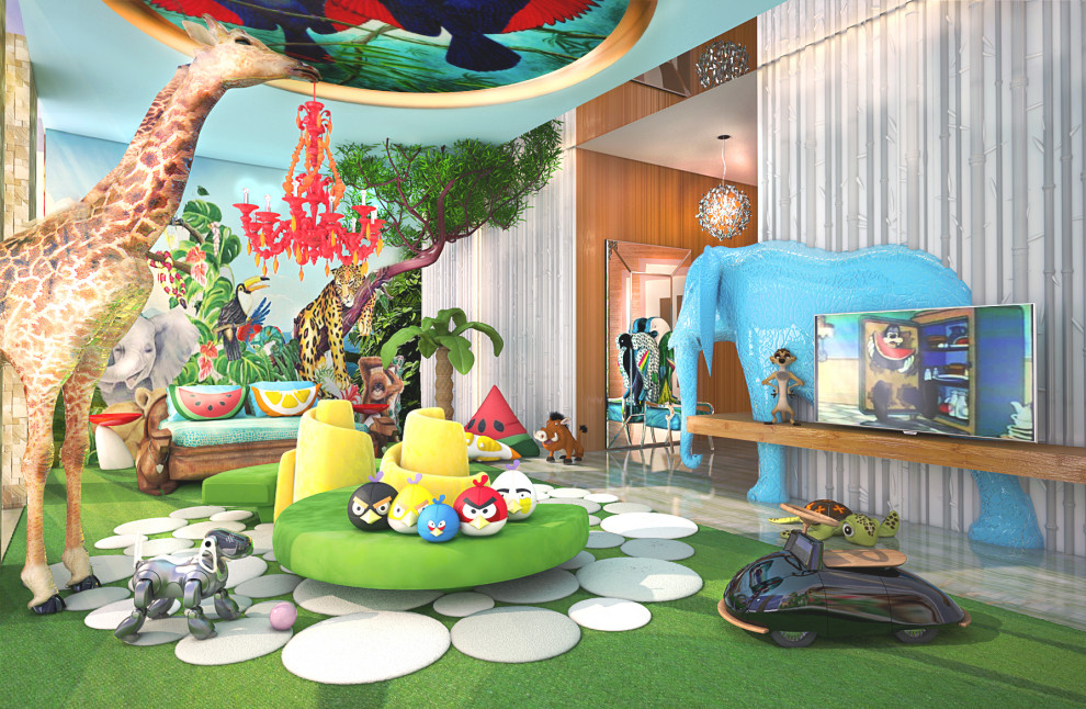 Childrens Rooms - Huge trendy gender-neutral carpeted, multicolored floor and wallpaper playroom photo in Los Angeles with multicolored walls