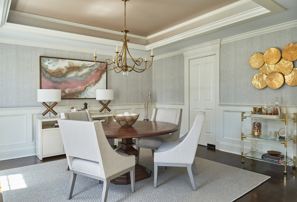 Transitional dining room in DC Metro with grey walls, dark hardwood floors and brown floor.